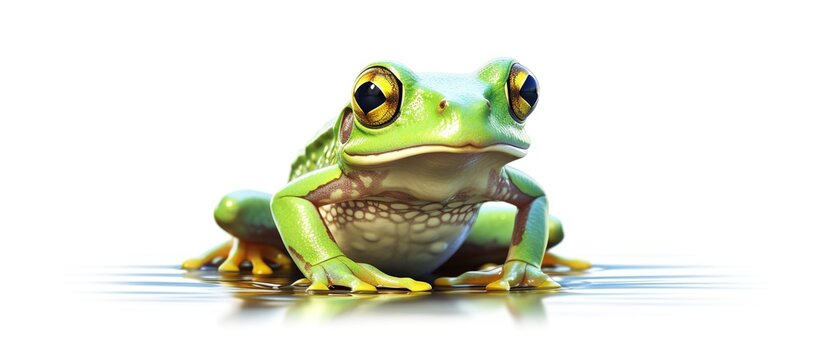 vector illustration of a painting of a green frog sitting on river water on a white background