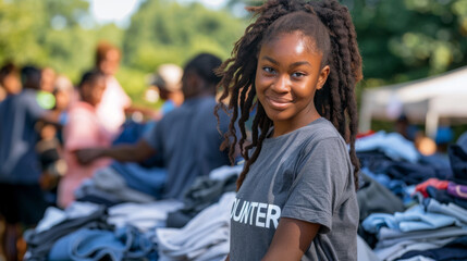 young woman wearing a t-shirt with the word "VOLUNTEER" printed on it, smiling at the camera with other volunteers in the background