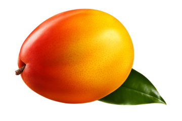 Whole mango with leaf isolated on transparent background.