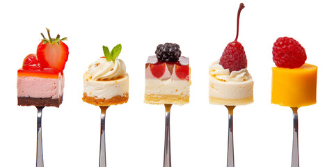 A fork filled with miniature desserts such as cheesecake creates a tempting and varied close-up.