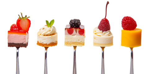 A fork filled with miniature desserts such as cheesecake creates a tempting and varied close-up.