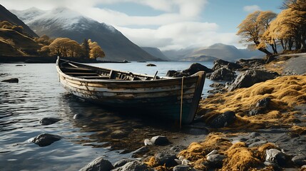 old rusty fishing boat on the slope along the shore of the lake. Generative AI