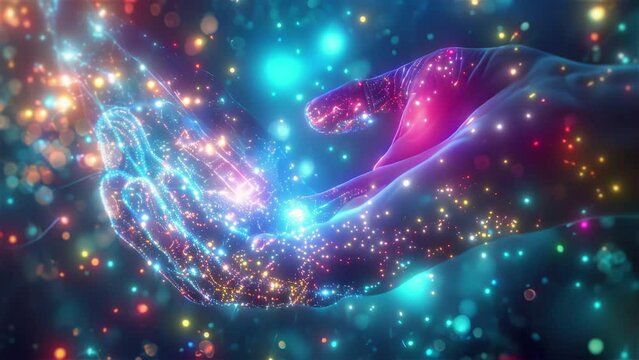 A hands, illuminated and sparkling, reaching towards each other amidst a backdrop of vibrant lights.
The image captures a magical moment where glowing hands are almost touching,