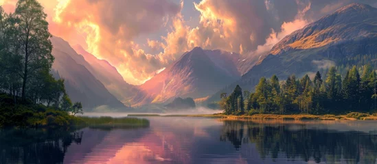 Foto op Aluminium A natural landscape featuring a lake surrounded by mountains and trees, with a colorful sunset in the background and cumulus clouds in the sky © TheWaterMeloonProjec