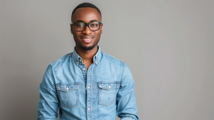 Fototapeta premium smiling man wearing glasses, a light blue denim jacket, and a white shirt, standing against a plain light background.