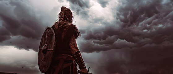 Warrior standing in a stormy field, dramatic sky - obrazy, fototapety, plakaty