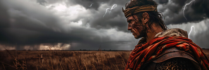 Warrior standing in a stormy field, dramatic sky