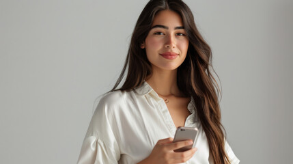 Fototapeta premium A person in a white shirt is looking at a smartphone with a focused expression, illuminated by soft light against a neutral background.
