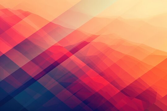 A hazy and out-of-focus photograph showcasing a mountain range with a cloudy sky as the backdrop, Geometric patterns using the color palette of a brilliant sunset, AI Generated