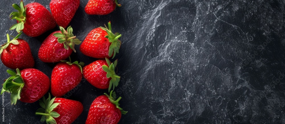 Canvas Prints fresh strawberries, a delicious and nutritious fruit, are displayed in a neat row on a dark surface