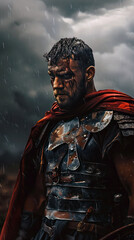 Fototapeta na wymiar Warrior standing in a stormy field, dramatic sky