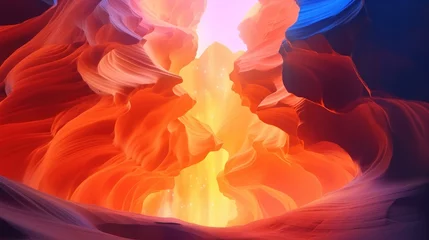 Küchenrückwand glas motiv Picturesque shapeless colorful art of natural landscapes in Lower Antelope Canyon in Page Arizona with bright sandstones stacked in flaky fire waves © SULAIMAN