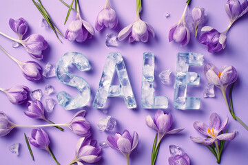 The word SALE made of ice with spring flowers around. Frozen ice cubes forming sign Sale, discount symbol. Spring sale card for social media promotion. Black Friday sale, shopping season banner