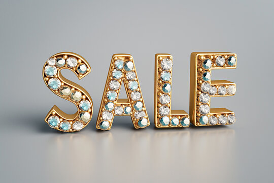 The word SALE made of sparkling diamonds and precious gemstones. Sale, discount symbol. Fashion accessories and jewelry sale card for social media promotion. Black Friday sale, shopping season banner