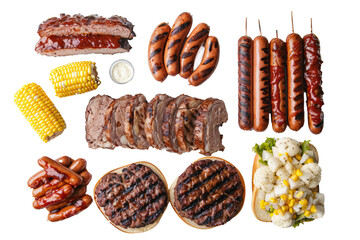 top view of a classic American BBQ spread featuring grilled burgers, hot dogs, corn on the cob, and potato salad.