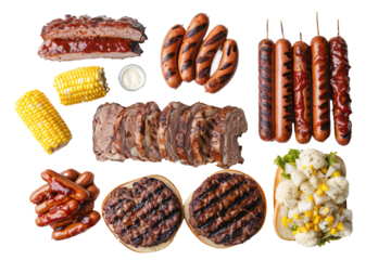 top view of a classic American BBQ spread featuring grilled burgers, hot dogs, corn on the cob, and potato salad.