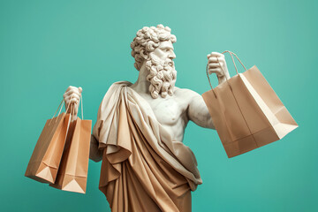 Ancient Greek god sculpture carrying shopping bags. Sale and discounts concept. Black Friday Sale, promotion, marketing, advertisement. Overconsumption, fast fashion, consumer culture, shopaholic