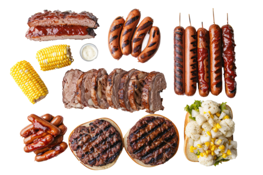 top view of a classic American BBQ spread featuring grilled burgers, hot dogs, corn on the cob, and potato salad.