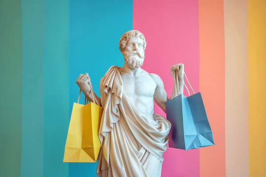 Ancient Greek god sculpture carrying shopping bags. Sale and discounts concept. Black Friday Sale, promotion, marketing, advertisement. Overconsumption, fast fashion, consumer culture, shopaholic