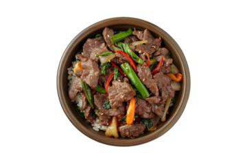 Mongolian beef stir-fry, featuring thinly sliced beef stir-fried with vegetables in a savory sauce, served over steamed rice.