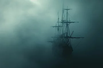  A ship cuts through the dense fog as it sails through the cloudy waters, Ghostly pirate ship floating on a thick, ominous fog, AI Generated © Iftikhar alam