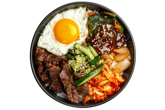 bibimbap, a Korean dish featuring mixed rice topped with bulgogi (marinated grilled beef), assorted vegetables, and a fried egg.