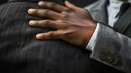 hand of a businessman holding a friend's shoulder, comforting or encouraging friends or co-workers in times of trouble or congratulations on good things