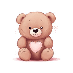 Love vector illustration cute bear with pink heart for sticker, print, poster, postcard