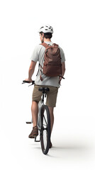 Back view of a man using bicycle isolated on white background