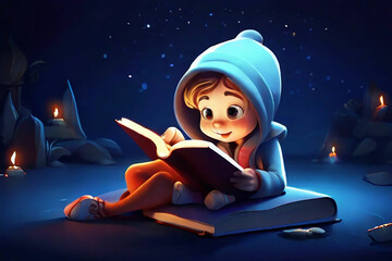 Reading book cartoon in a dark nevi blue background, HD quality image