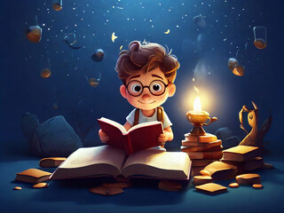 Reading book cartoon in a dark nevi blue background, HD quality image