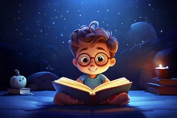 Reading book cartoon in a dark nevi blue background, HD quality image