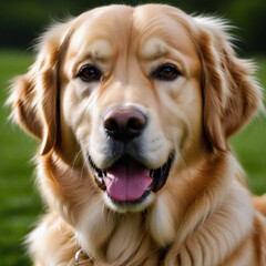 The Golden Retriever dog poses with his whole body in nature