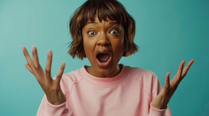 A woman with a surprised expression raises her hands in a dramatic gesture, wearing a pink sweater against an aqua background.