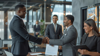 two men in business suits are shaking hands across a table in a corporate setting, indicating a successful agreement or partnership.