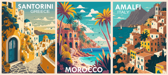 Set of Travel Destination Posters in retro style. Santorini Greece, Morocco, Amalfi Coast Italy prints. European summer vacation, holidays concept. Vintage vector colorful illustrations. - obrazy, fototapety, plakaty