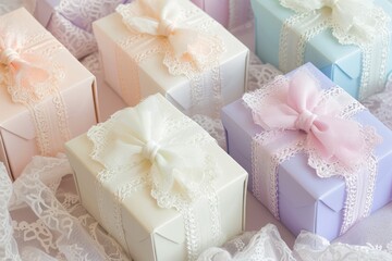 A lively assortment of boxes, each adorned with a bow, forming a delightful collection of presents, Gift boxes in pastel colors with dainty lace trims, AI Generated