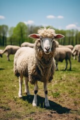 Fototapeta premium A sheep with a vibrant, multicolored coat, standing out from the rest of the flock