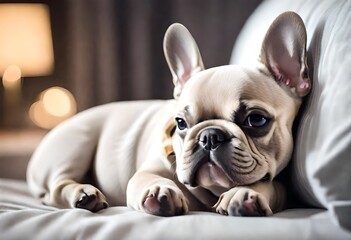 Funny French bulldog puppy sleeps sweetly on pillows