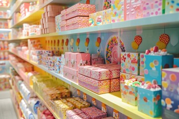 Colorful Boxes Filling Every Corner of a Vibrant Store, Gift boxes mimicking popular candies and sweets in a candy shop, AI Generated