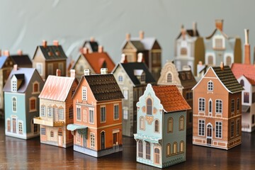 A collection of miniature houses arranged neatly on a sturdy wooden table, Gift boxes shaped as miniature houses from different architectural periods, AI Generated - obrazy, fototapety, plakaty