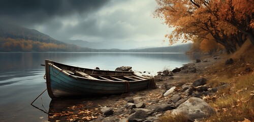 old rusty fishing boat on the slope along the shore of the lake. Generative AI