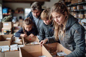 A family with their children organising their new home after moving house. - obrazy, fototapety, plakaty