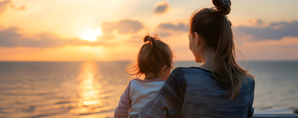 Back view of a mother and her daughter at sunset. Concept of mother day, motherhood, parent love. - obrazy, fototapety, plakaty