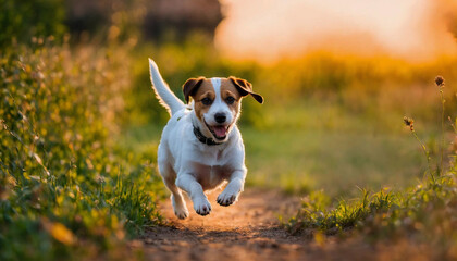 The Jack Russell Terrier dog poses with his whole body in nature