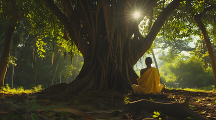 Buddhist monk in meditation beside a tree in the jungle