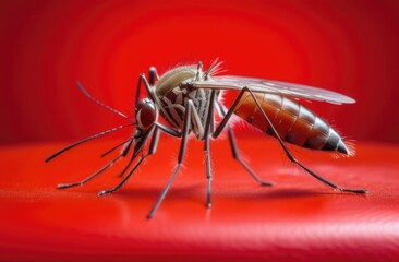 World Malaria Day, World Mosquito Day, Mosquito close-up, Infectious mosquito parasite, Mosquito Bite, Yellow Fever, Leishmaniasis, red background