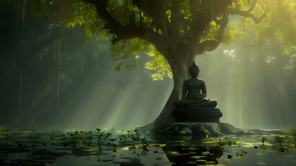 Buddha statue meditating near big tree.