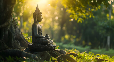 Buddha statue meditating near big tree. - obrazy, fototapety, plakaty