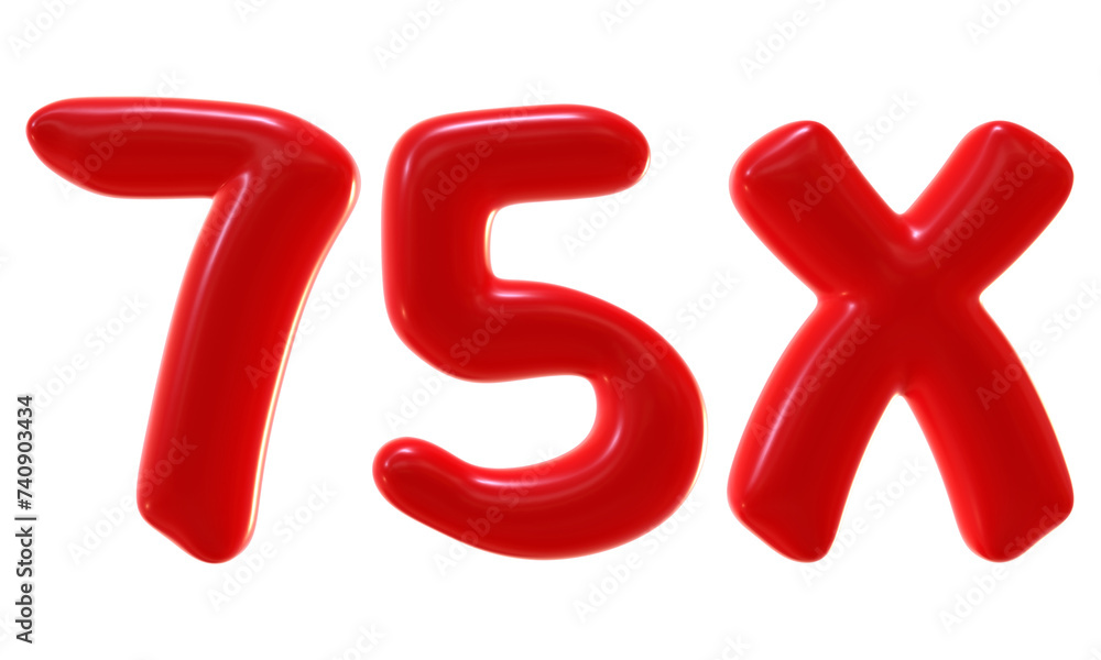 Poster 75x with red color isolated on transparent background. 3d number and letter icon for double and bonu